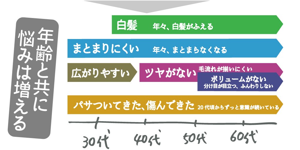 女性ホルモンから起こる髪の悩み（年代別）白髪、まとまりにくい、広がりやすい、ツヤがない、ボリュームダウン、ぱさつく、痛む、ダメージ